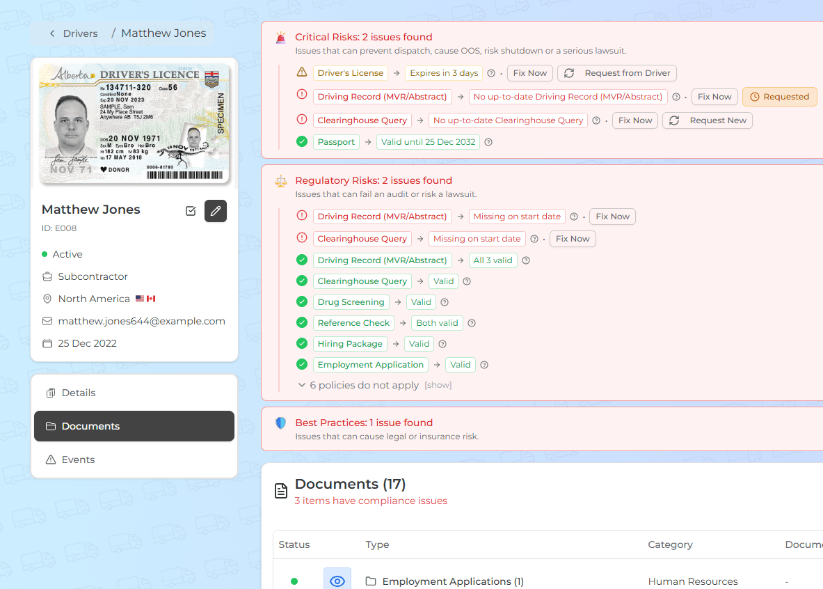 FleetFalcon DocPulse driver profile showing tracked licenses, medical card, and MVR with expiry dates