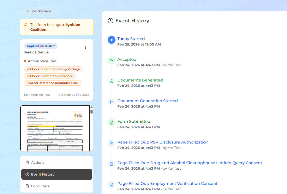 FleetFalcon Rapid Onboarding timeline of driver onboarding events and completed signatures