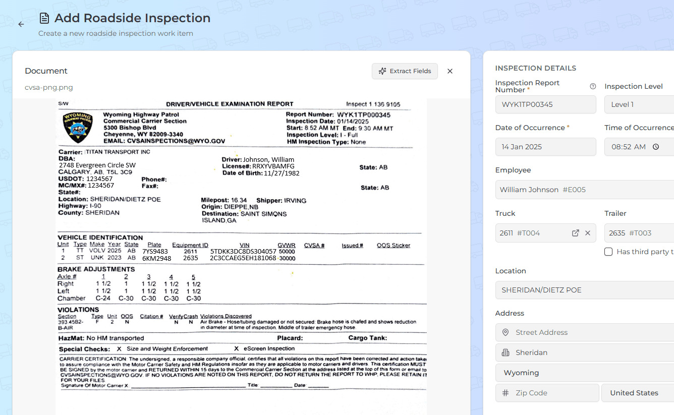 FleetFalcon Violation Radar parsing a CVSA roadside inspection report and extracting violations